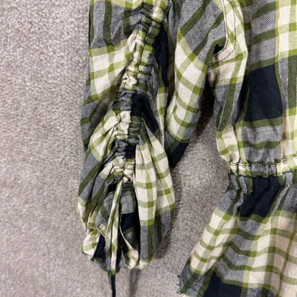 Free People Pacific Dawn Shirt Women's Size XS Black Combo‎ Plaid Ruched-Sleeve - Picture 4 of 13